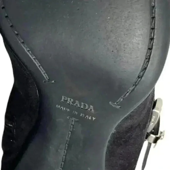Prada Black Suede Pointed Toe French Kitten Heel Side Zip Ankle Boots Size 8