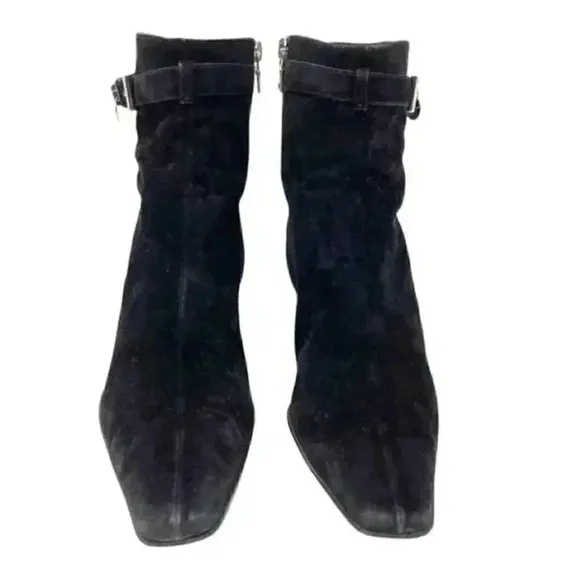 Prada Black Suede Pointed Toe French Kitten Heel Side Zip Ankle Boots Size 8