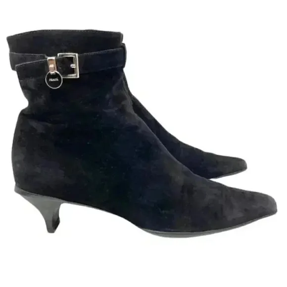 Prada Black Suede Pointed Toe French Kitten Heel Side Zip Ankle Boots Size 8