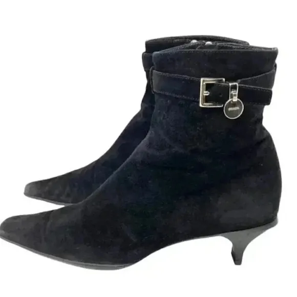 Prada Black Suede Pointed Toe French Kitten Heel Side Zip Ankle Boots Size 8
