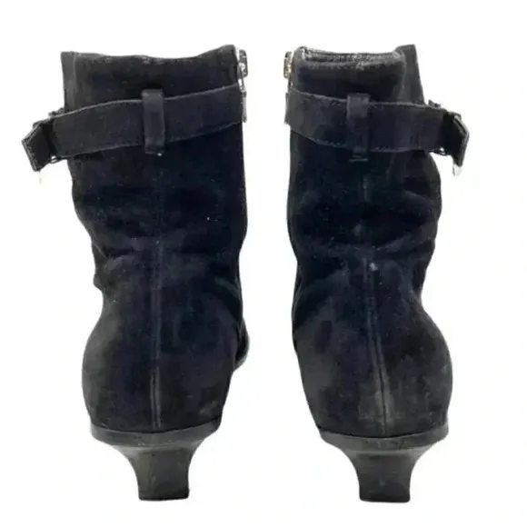 Prada Black Suede Pointed Toe French Kitten Heel Side Zip Ankle Boots Size 8