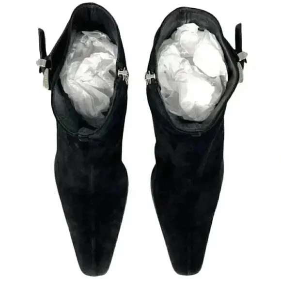 Prada Black Suede Pointed Toe French Kitten Heel Side Zip Ankle Boots Size 8