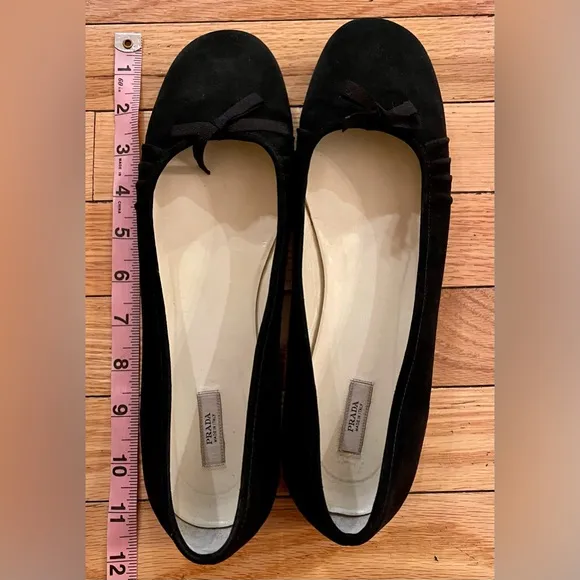 Prada Black Vero Cuoio Suede Ballet Flats Bow Made In Italy Women’s Size 40