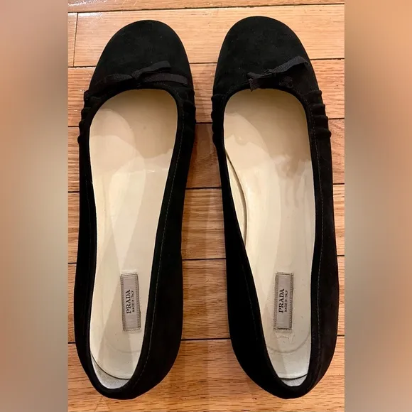 Prada Black Vero Cuoio Suede Ballet Flats Bow Made In Italy Women’s Size 40