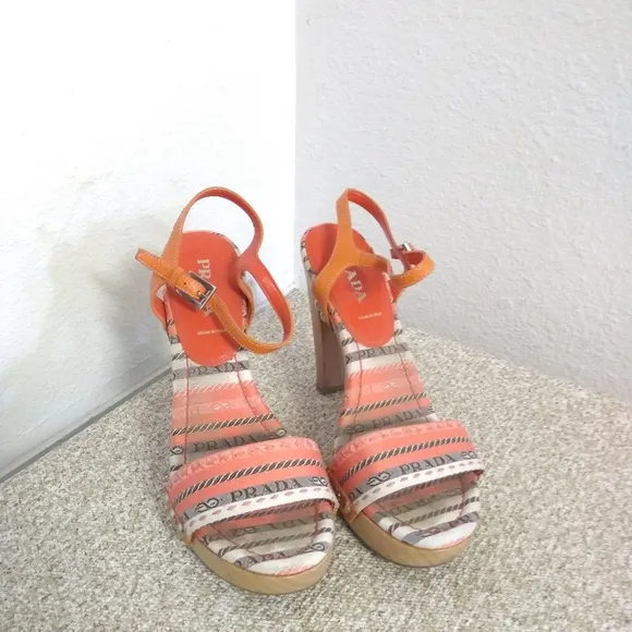 Prada Monogram Orange Leather Sandals