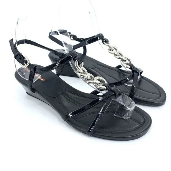 Prada Patent Leather Wedge Sandals Chain Detail Made in Italy size 8.5
