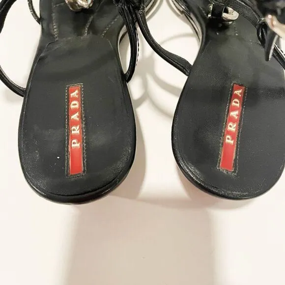 Prada Patent Leather Wedge Sandals Chain Detail Made in Italy size 8.5