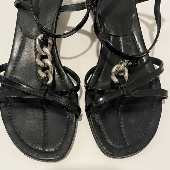 Prada Patent Leather Wedge Sandals Chain Detail Made in Italy size 8.5