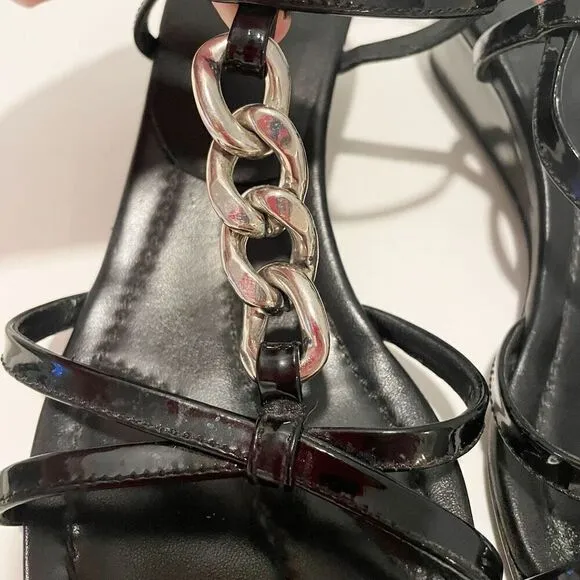 Prada Patent Leather Wedge Sandals Chain Detail Made in Italy size 8.5