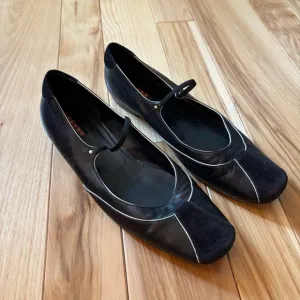 Prada Sport Black Leather Suede Accent Mary Jane Flats