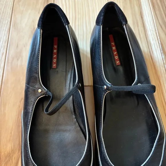 Prada Sport Black Leather Suede Accent Mary Jane Flats