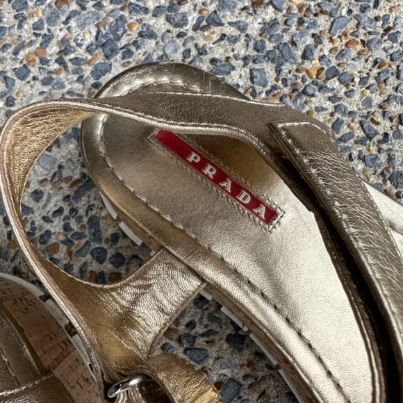 Prada Sport Gold Metallic Leather Sandals sz 38 EU