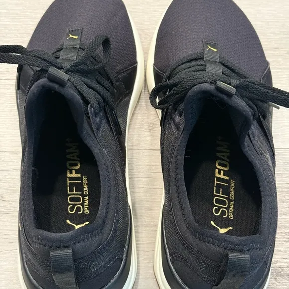 PUMA Softride Sophia Eco Black Running Sneakers with Gold Details EUC