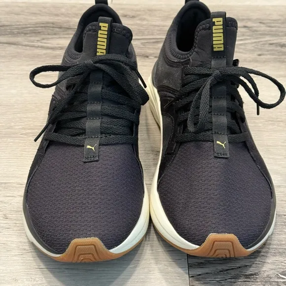 PUMA Softride Sophia Eco Black Running Sneakers with Gold Details EUC
