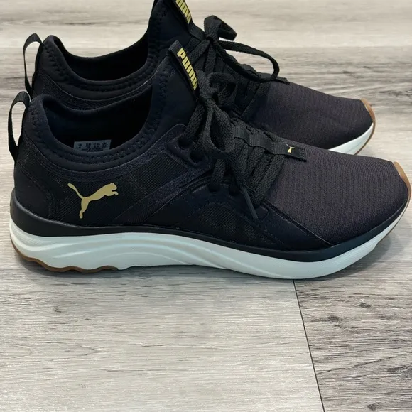 PUMA Softride Sophia Eco Black Running Sneakers with Gold Details EUC
