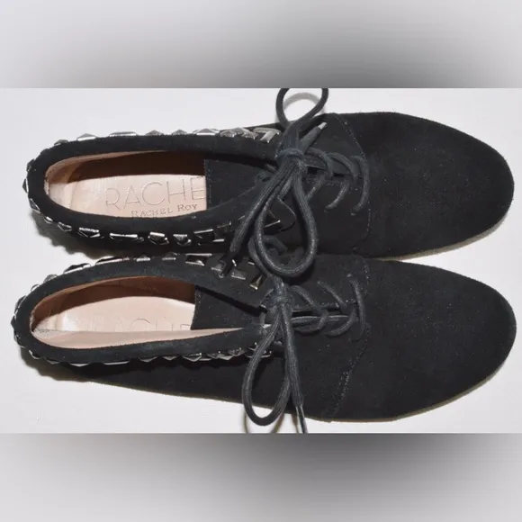 RACHEL ROY 7.5 M BLACK STUDDED SUEDE LEATHER LACE UP ANKLE BOOTS FLATS BOOTIES