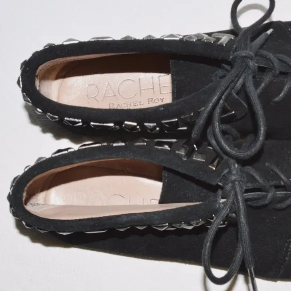 RACHEL ROY 7.5 M BLACK STUDDED SUEDE LEATHER LACE UP ANKLE BOOTS FLATS BOOTIES
