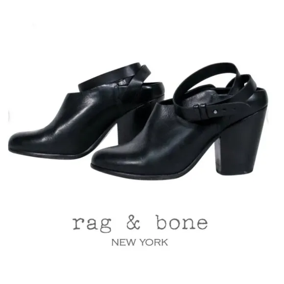 Rag &amp; Bone &quot;Kenny&quot; Ankle Wrap Black Leather Shootie Heeled Mule Bootie Slides