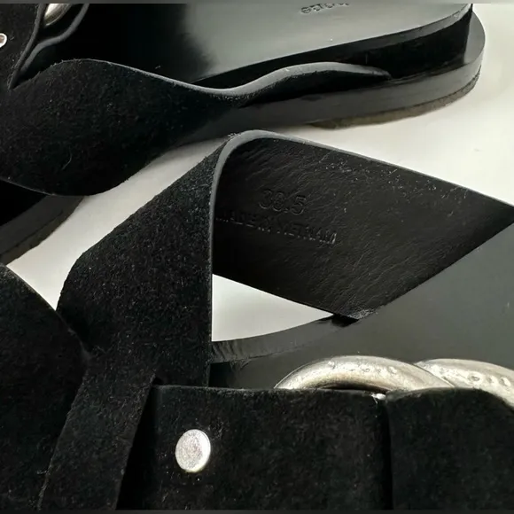 Rag &amp; Bone Beau Black Suede Silver Hardware Sandals Crisscross Straps sz 8, 38.5