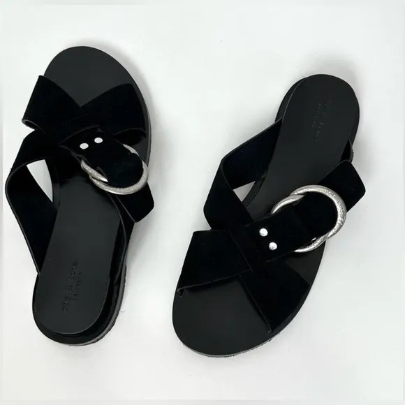 Rag &amp; Bone Beau Black Suede Silver Hardware Sandals Crisscross Straps sz 8, 38.5