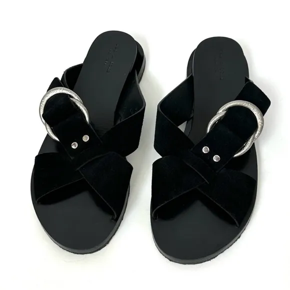 Rag &amp; Bone Beau Black Suede Silver Hardware Sandals Crisscross Straps sz 8, 38.5