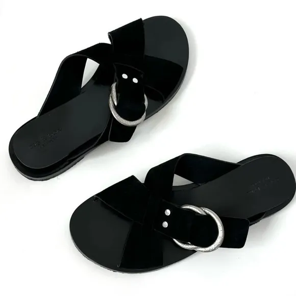 Rag &amp; Bone Beau Black Suede Silver Hardware Sandals Crisscross Straps sz 8, 38.5