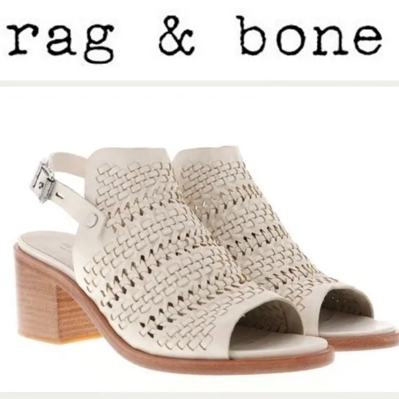 Rag &amp; Bone Wyatt woven leather chunky mid heel slingback sandals ivory white 40