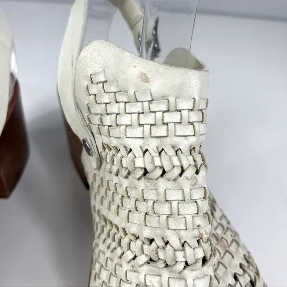 Rag &amp; Bone Wyatt woven leather chunky mid heel slingback sandals ivory white 40