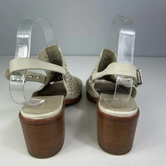 Rag &amp; Bone Wyatt woven leather chunky mid heel slingback sandals ivory white 40