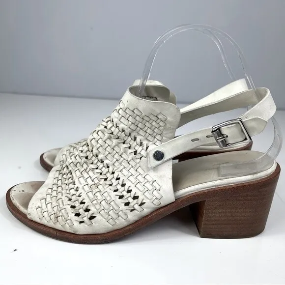 Rag &amp; Bone Wyatt woven leather chunky mid heel slingback sandals ivory white 40
