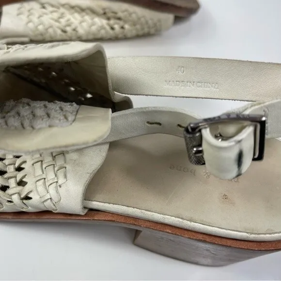 Rag &amp; Bone Wyatt woven leather chunky mid heel slingback sandals ivory white 40