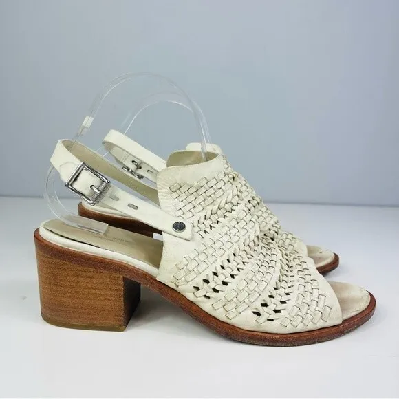 Rag &amp; Bone Wyatt woven leather chunky mid heel slingback sandals ivory white 40