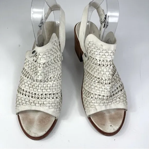 Rag &amp; Bone Wyatt woven leather chunky mid heel slingback sandals ivory white 40
