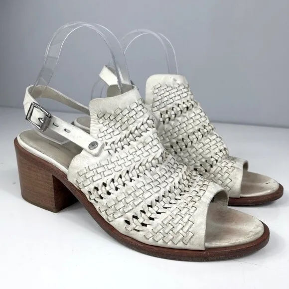 Rag &amp; Bone Wyatt woven leather chunky mid heel slingback sandals ivory white 40