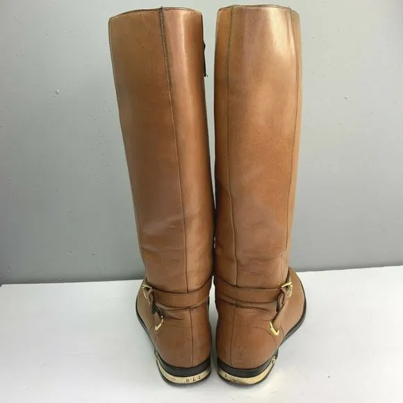 Ralph Lauren Jakayla Riding Boots size 7.5 Womens Tan Burnished Leather Hardware