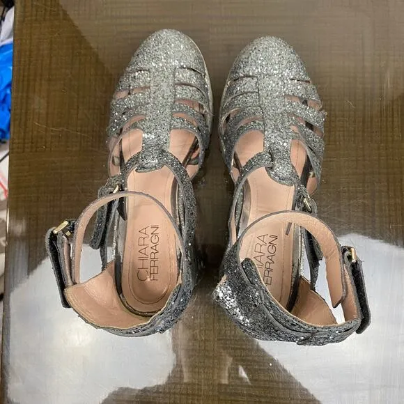 Rare Chiara Ferragni Glitter Chunky Platform Strappy Sandals Shoes Women's 10