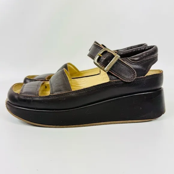 Rare Mosquitos UK leather wedge platform sandals - dark brown - Sz 8