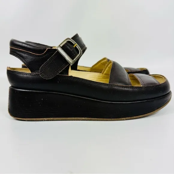 Rare Mosquitos UK leather wedge platform sandals - dark brown - Sz 8