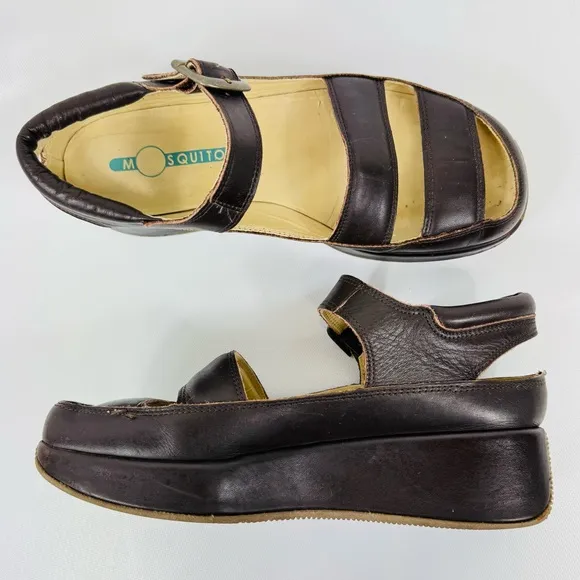 Rare Mosquitos UK leather wedge platform sandals - dark brown - Sz 8