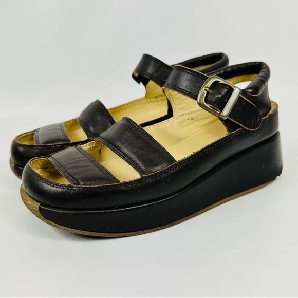 Rare Mosquitos UK leather wedge platform sandals - dark brown - Sz 8