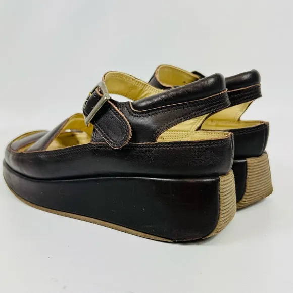 Rare Mosquitos UK leather wedge platform sandals - dark brown - Sz 8