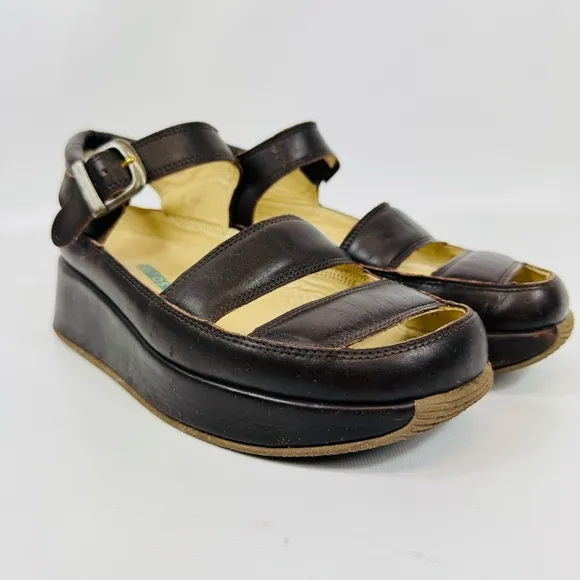Rare Mosquitos UK leather wedge platform sandals - dark brown - Sz 8