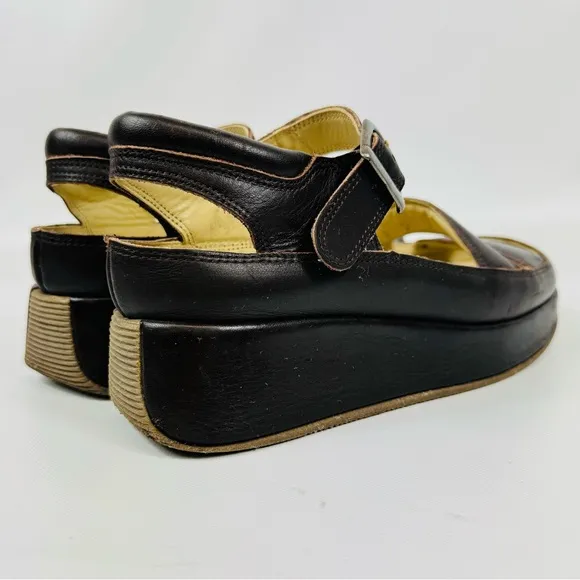 Rare Mosquitos UK leather wedge platform sandals - dark brown - Sz 8