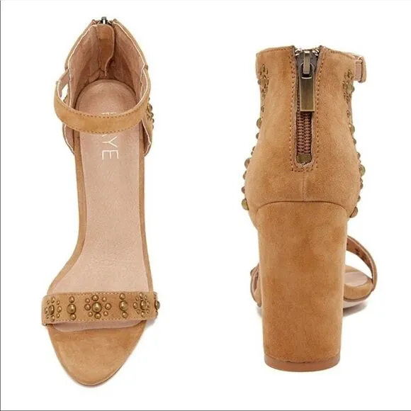 Raye Lois Revolve Studded Suede Sandals Chunky Heel Open Toe Ankle Strap Tan 6