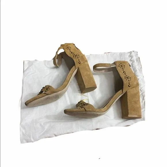 Raye Lois Revolve Studded Suede Sandals Chunky Heel Open Toe Ankle Strap Tan 6