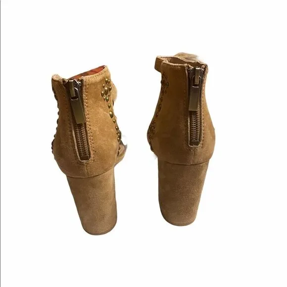 Raye Lois Revolve Studded Suede Sandals Chunky Heel Open Toe Ankle Strap Tan 6