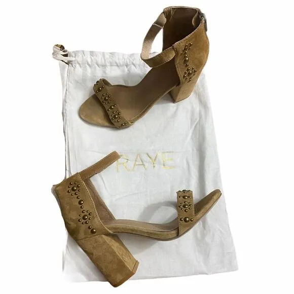 Raye Lois Revolve Studded Suede Sandals Chunky Heel Open Toe Ankle Strap Tan 6