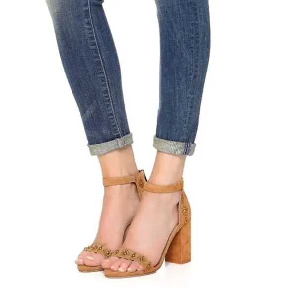 Raye Lois Revolve Studded Suede Sandals Chunky Heel Open Toe Ankle Strap Tan 6