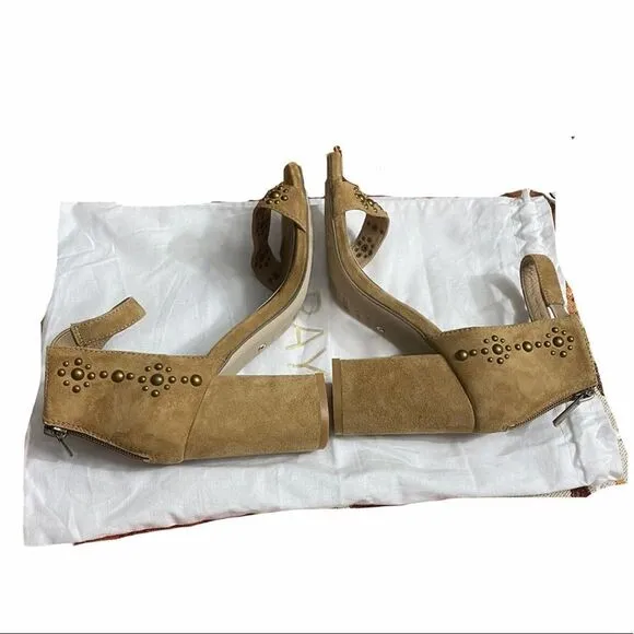 Raye Lois Revolve Studded Suede Sandals Chunky Heel Open Toe Ankle Strap Tan 6