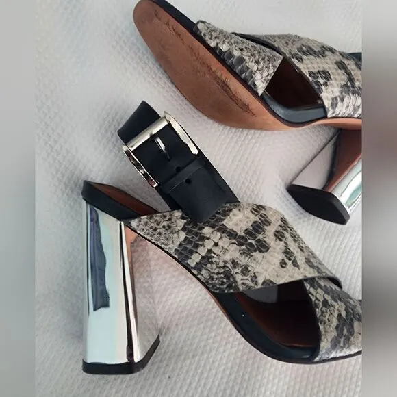 Rebecca Minkoff Mina Criscross snake embossed chunky heel sandals